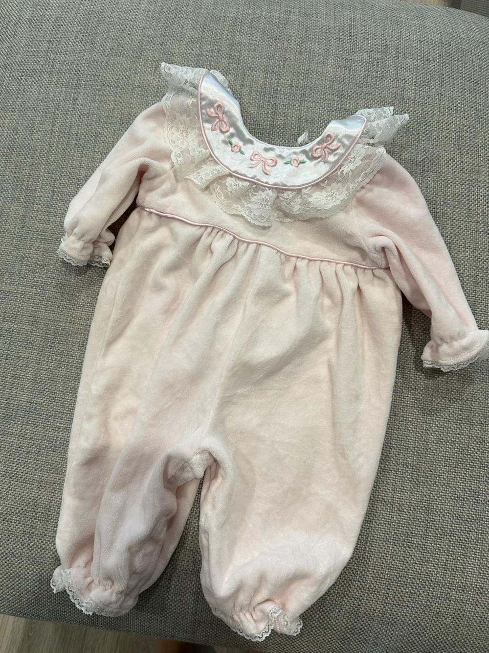 Light Pink Lace-Trim Baby Footed One-Piece